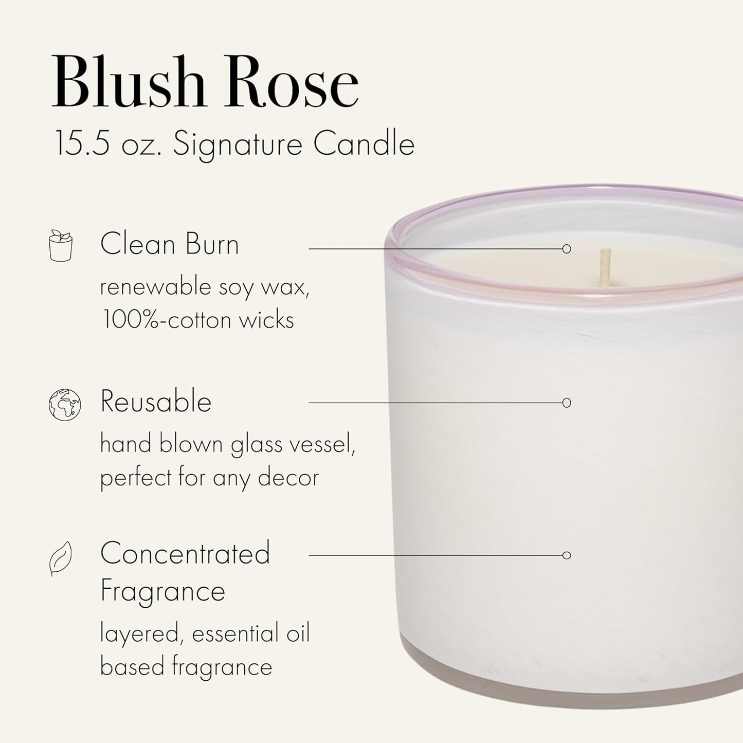 LAFCO New York Signature Candle, Blush Rose - 15.5 oz - 90-Hour Burn Time - Reusable, Hand Blown Glass Vessel - Made in The USA