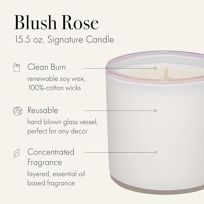 LAFCO New York Signature Candle, Blush Rose - 15.5 oz - 90-Hour Burn Time - Reusable, Hand Blown Glass Vessel - Made in The USA - Bloomnest