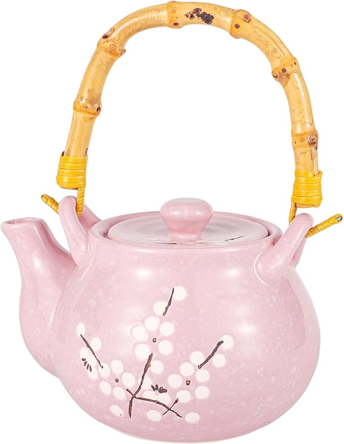 Japanese Plum Blossom Design Tea Set 27 fl oz Teapot with 4 Cups Serving Home Decor Asian Fusion Housewarming Decor (Pink) - Bloomnest