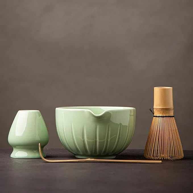 TANG PIN Matcha Set - Match Bowl with Spout and Whisk, 15 OZ, Matcha Scoop | Matcha Whisk Stand (Chasen Holder) - 4pc Perfect Matcha Kit for Matcha Tea Ceremony (Green) - Bloomnest