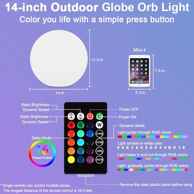 14-in LED Ball Light, Rechargeable Outdoor Globes Light Dimmable RGB Color Changing Globe Floor Lamp w/Remote, Modern Versatile LED Globe Orb Lights Waterproof Glowing Orb Lamp for Home Yard Lawn Path - Bloomnest
