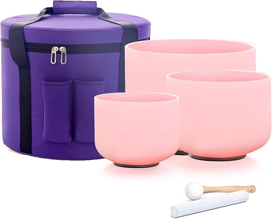 Hye-eun 432HZ Crystal Singing Bowls Set，7-11 Inch 3pcs Frosted Pink Quartz Chakra Bowl for Meditation Sound Healing with Travel Carry Case Bag Yoga Meditation Healing Sound Therapy (7"A 9"E 11"D) - Bloomnest