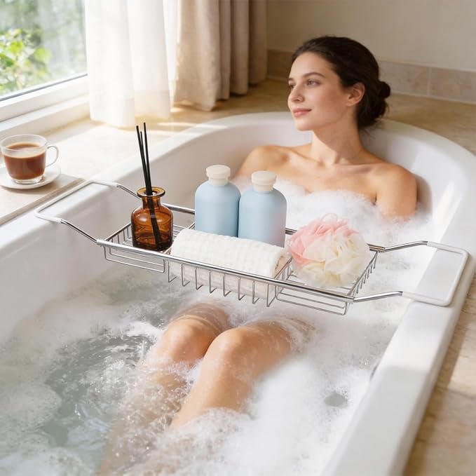 Cabilock Bathtub Tray - Stainless Steel Bathtub Caddy, Expandable Extra Wide Bath Tub Organizer, Rust-Resistant Over The Tub Shelf Rack with Non-Slip Grips for Phone Book Wine Glass, Silver - Bloomnest