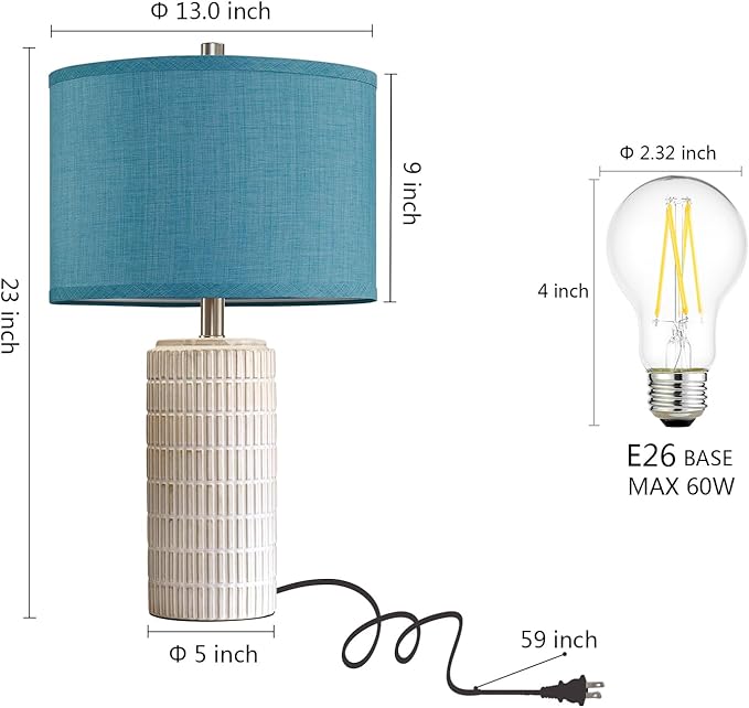 23" Modern Ceramic Nightstand Table Lamps Set of 2, Nautical Lamps for Bedroom Bedside, Side Table Lamps for Living Room, Dining Room, Office, 2 LED Bulbs Included (Blue) - Bloomnest