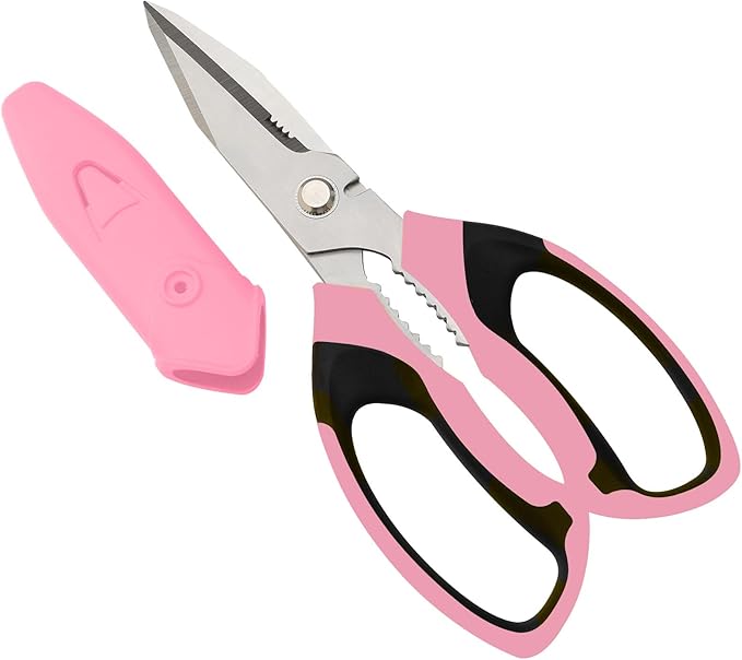 8-Inch Heavy Duty Utility Scissors All Purpose, Serrated Blade, Pink Comfort Grip for Cutting Carpet, Cardboard, Leather, Fabric, Multipurpose Sharp Shears for Kitchen, Garden, Office, Carft - Bloomnest