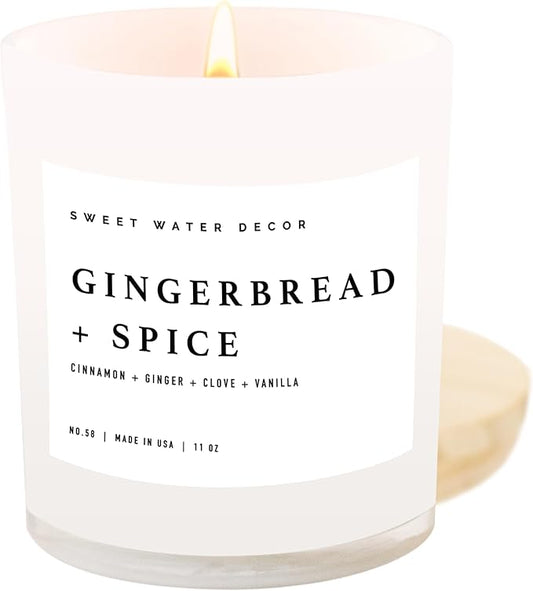 Sweet Water Decor Gingerbread and Spice Candle - Soy Cinnamon, Vanilla, Clove, Ginger Scented Gingerbread Candle for Christmas - 11oz White Jar with Wood Lid, 50+ Hour Burn Time, Made in The USA - Bloomnest