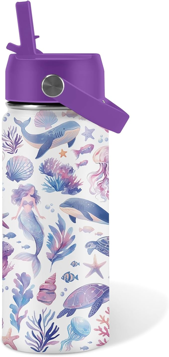 Ocean Gifts for Kids - 16 Oz Purple Water Bottle with Straw Lid, Stainless Steel Insulated Tumbler, Leak Proof, BPA-Free, for Girls & Boys, School, Beach - Marine Life Lovers Birthday Gifts (1pc) - Bloomnest