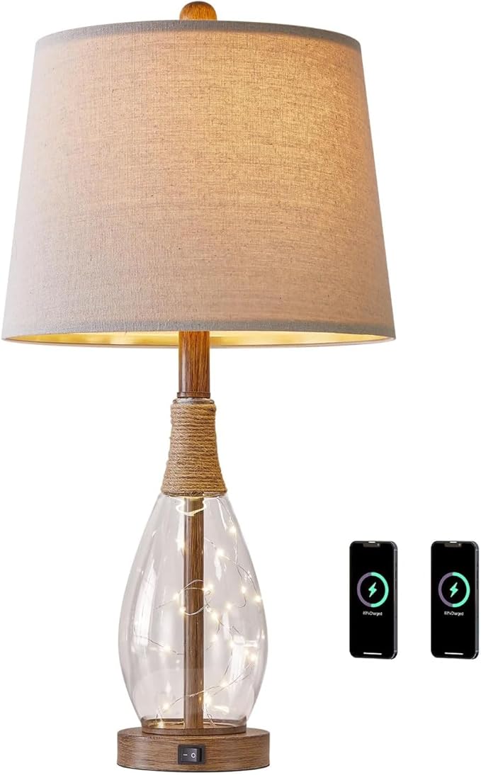 OYEARS 23" USB A+C Table Lamp for Bedroom Living Room Modern Bedside Lamps Retro Farmhouse Rattan Glass Nightstand Nightlight Lamps,Two Light Points - Bloomnest