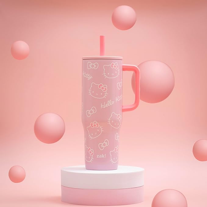 Zak Designs Sanrio Sutton Travel Tumbler for On the Go, 30oz Stainless Steel with Vacuum Insulation, Silicone Straw, and Carry Handle for Cold Drinks (Hello Kitty) - Bloomnest
