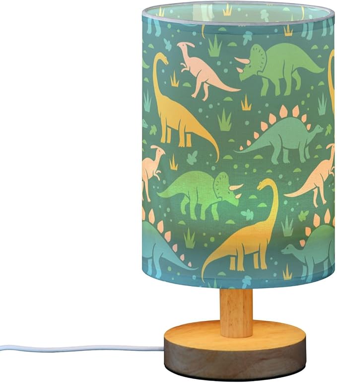 Table Lamp Cartoon Dinosaurs Grass Pattern Nightstand Lamp with Wood Base Fabric Lamp Shade Bedside Desk Lamp for Living Room Bedroom Kids Room Office - Bloomnest