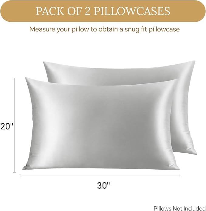 INFIIXSO Mulberry Silk Pillowcase for Hair and Skin, Silk Pillow Cases Queen Size Set of 2 with Hidden Zipper 20x30 Inches, Ultra Soft Cooling Pillow Cases for Hot Sleepers(Light Grey, 2 Pack) - Bloomnest