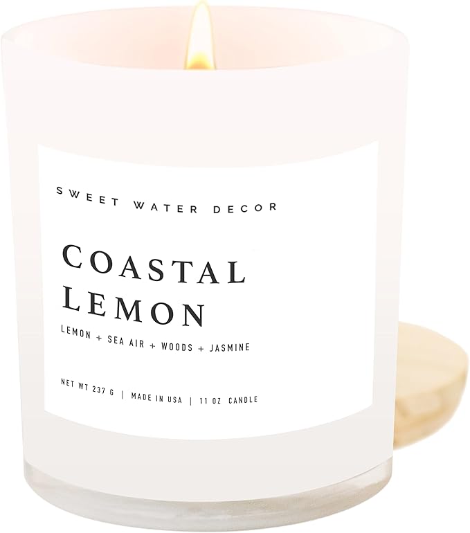 Sweet Water Decor Coastal Lemon Scented Candles - Soy Candles with Lemon, Sea Salt, & Driftwood for Home Decor - Candle Wax with 50 Hours Burn Time - 11Oz Wood Lid White Jar Candles for Home Scented - Bloomnest