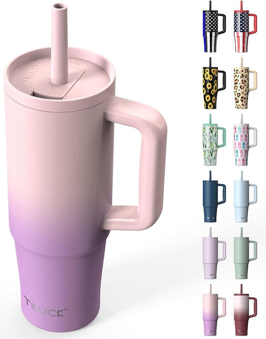 TILUCK 30 oz Tumbler with Handle, Vacuum Insulated Stainless Steel Travel Mug with 100% Leak-Proof Silicone Straw Lid, Cupholder Friendly Water Bottle(PinkPurpleGradient, 30oz)