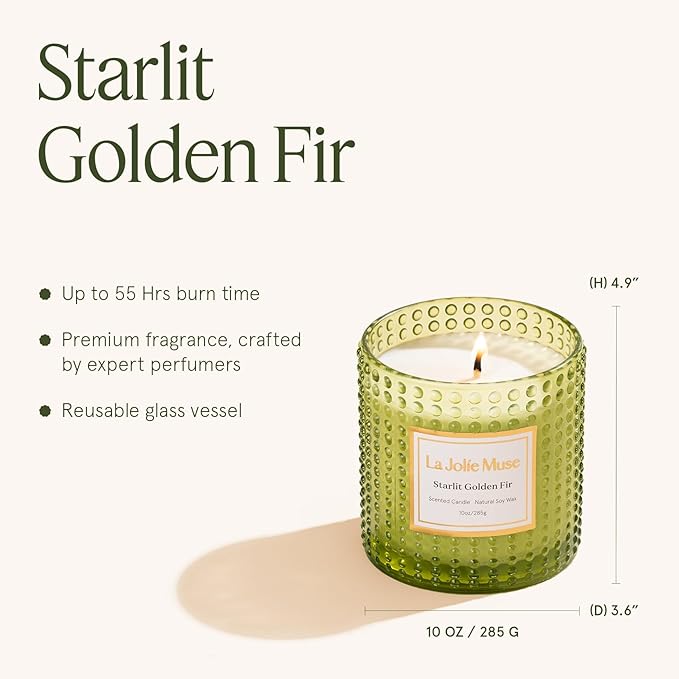 LA JOLIE MUSE Christmas Candle, Starlit Golden Fir Candle - Cedarwood, Patchouli, Fir Balsam | 10 oz Natural Soy Wax | 55 Hours Clean Burn |Winter Holiday Gift | Gift-Ready for Hosts & Gatherings - Bloomnest