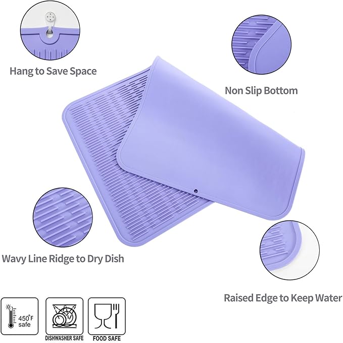 Silicone Dish Drying Mat for Multiple Usage,Easy clean,Eco-friendly,Heat-resistant Silicone Mat for Kitchen Counter or Sink,Refrigerator or Drawer Liner Light Purple 4XL 32 inches x 18 inches - Bloomnest