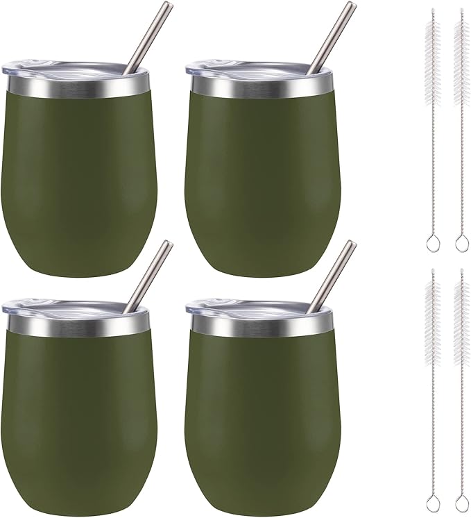 12 oz Insulated Wine Tumbler with Lid and Straw,Stainless Steel Stemless Wine Tumbler Glasses Double Wall Vacuum Wine Cups Tumbler Bulk for Coffee,Champaign,Office(Navy Green,4) - Bloomnest