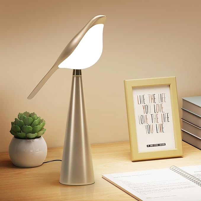 Small Desk Lamp, Bird Lamp, 10 Level Dimmable Brightness Bedside Night Light, Bedroom Table Lamp for Dorm, Office, Gifts, Reading, 3 Colors, Metal Finish, Gold, 360° Rotation - Bloomnest