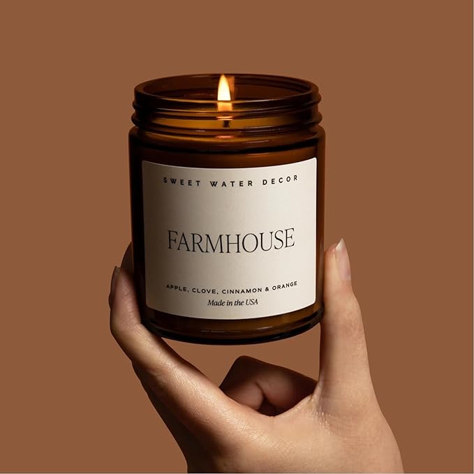 Sweet Water Decor Farmhouse Soy Candle - Apple, Orange, Pumpkin and Clove Scented Fall Candles for Home - 9oz Amber Jar + Black Lid, 40+ Hour Burn Time, Made in The USA - Bloomnest