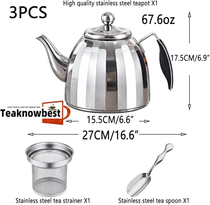 Stainless Steel Tea Pot with Removable Infuser - Loose Leaf Tea Maker, Home & Kitchen Teapot - Large 67.6 oz, Stovetop Safe Teapot for Tea/Coffee, Mirror Finish (2000ml) - Bloomnest