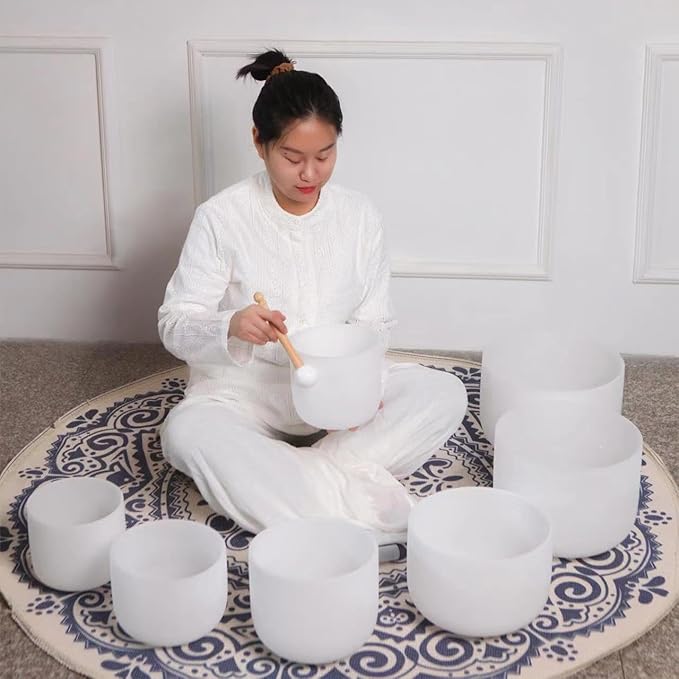 Hye-eun Crystal Singing Bowl Set of 7,Frosted Quartz Chakra Sound Bowls Meditation Set with 2 Pcs Carrying Cases for Yoga Sound Healing - Bloomnest