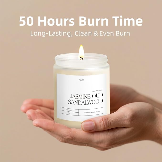 Jasmine, Oud & Sandalwood Scented Candles for Home, Natural Soy Wax Aromatherapy Non Toxic Candle Gifts for Women Men, Home Fragrance Decoration Glass Jar Candle for Relaxation (9oz White - Bloomnest