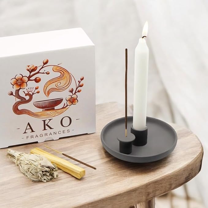 4 in 1 Incense Burner Holder - Multi-Purpose Ceramic Incense Stick Holder, Palo Santo Holder for Clean Burning, Sage Meditation Burner Set, Candle Holder for Aromatherapy (Matte Charcoal Black) - Bloomnest