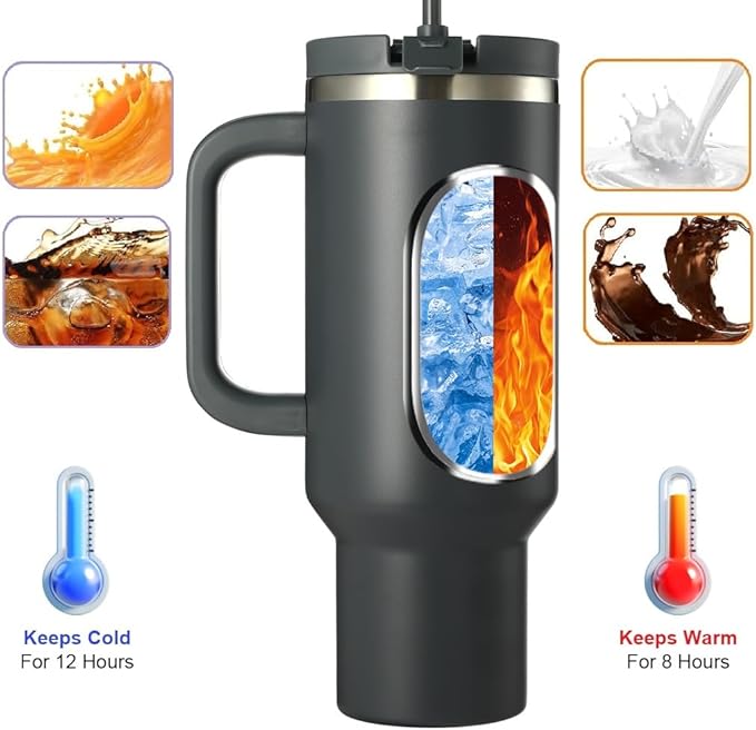 Stainless Steel Insulated Tumbler with Handle Lid and Straw, 40oz Keeps Drinks Cold for 12 Hours or hot for 8 Hours, Vacuum Insulated Water/Coffee/Tea Bottle for Home/Office/Car/Travel-Gift - Bloomnest