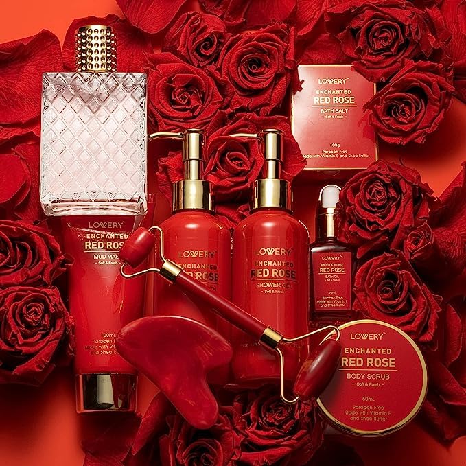 Valentines Day Gifts for Her, Red Rose Valentine Spa Gifts for Women, Bath and Body Gift Set, Pampering Gift Basket, Birthday Gifts for Mom with Perfume, Jade Roller, Quartz Gua Sha Stone & More - Bloomnest