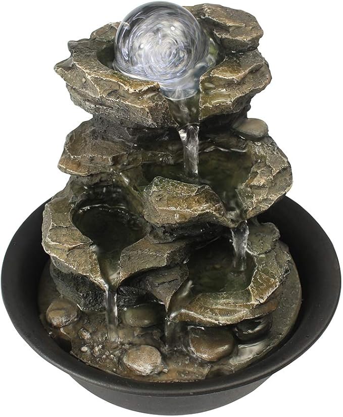8.3" High 4-Tier Cascading Rock Falls Tabletop Water Fountain with LED Light & Spinning Ball - Indoor Small Waterfall Feature for Office, Home and Bedroom Desktop Decor Dark Grey - Bloomnest