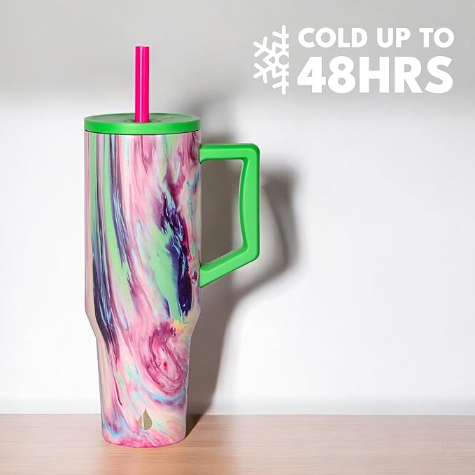 Elemental 40 oz Tumbler with Handle and Straw - Spill Proof Insulated Stainless Steel Commuter for Hot and Cold Beverages - Travel Coffee Mug with 2 Straws & Spill Proof Lid - 40oz - Aurora Dream - Bloomnest