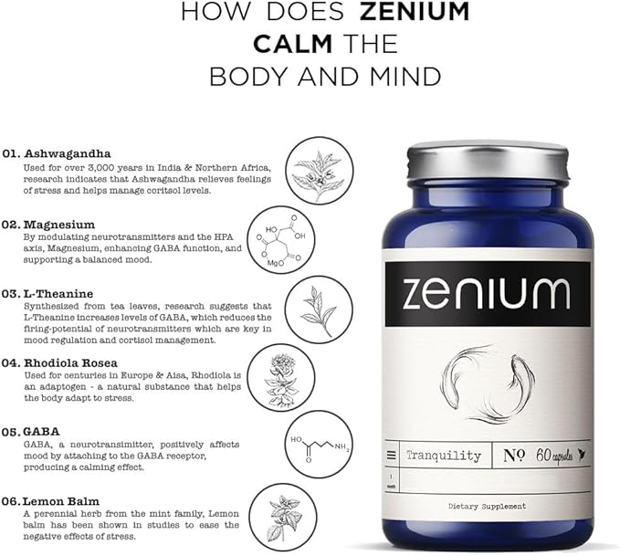 Zenium - Relieve Stress, Tension, Worry, Nervousness, & Irritability | Calm The Mind & Body | Ayurvedic | Natural Relief Supplement | Boosts Mood | Ashwagandha, L-Theanine, GABA, Rhodiola |60 Capsules - Bloomnest