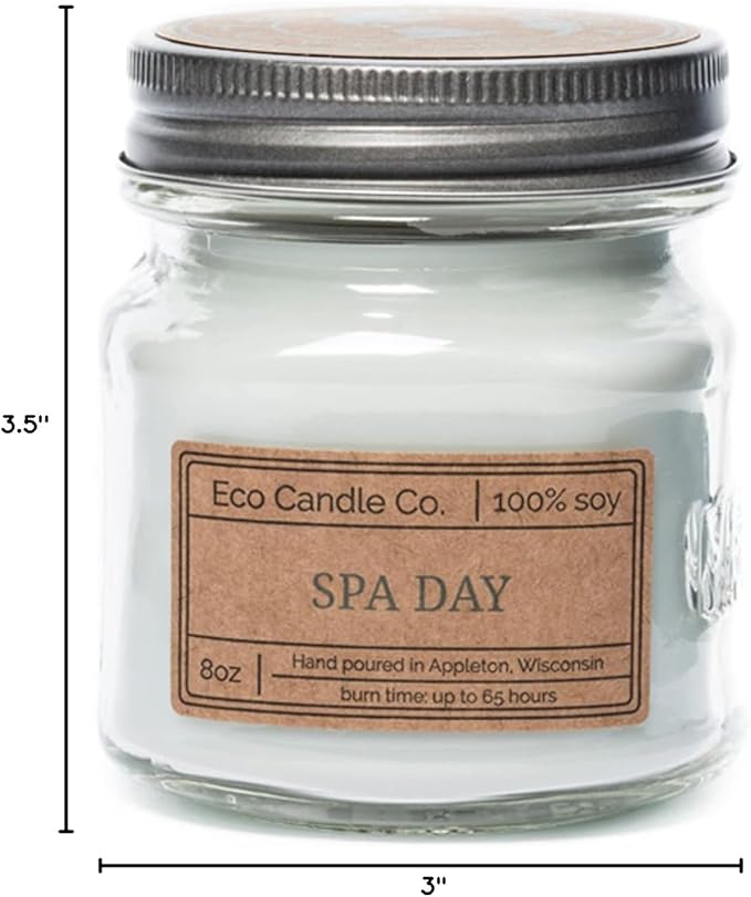 ECO CANDLE CO. Mason Jar Candle, Spa Day, 8 oz. - Scents of Flowers, Musk, Melon, Citrus, & Ocean Air - 100% Soy Wax, No Lead, Kraft Label & Antiqued Pewter Lid, Hand Poured, Midwest Grown Soybeans - Bloomnest