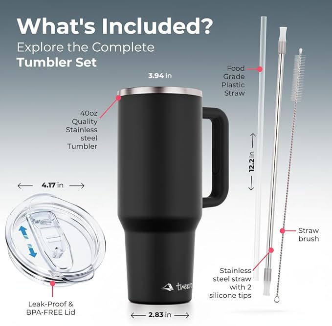 40 oz Tumbler With Handle and Straw Made of Stainless Steel - Double Wall Vacuum Insulated Tumbler With Lid - Sweat Proof Easy Grip, BPA-Free, Dishwasher Safe Tumbler (Black) - Bloomnest