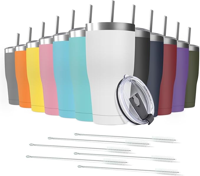 12 Pack 30oz Stainless Steel Tumblers Bulk Reusable Travel Mugs with Lid, Double Wall Powder Coated Coffe Cup for Home, Office, Outdoor Suitable for Vehicle Cup Holders - Bloomnest
