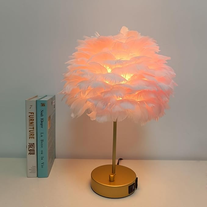 ZYLEIESENBAO Pink Feather USB Charger Table Lamp Feather Bedside Lamp Cute Nightstand Lamp with Outlets Princess Desk Light for Girl Bedroom Living Room Entryway Hotel Wedding Women's Gift Decoration - Bloomnest