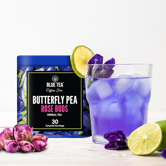 BLUE TEA - Butterfly Pea Flower Tea - Rose Buds - 30 Count - Pyramid Plant Based Tea Bag | ANTIOXIDANT RICH | Caffeine Free - Non-Bitter - Flower Based - Gluten Free - Non-GMO | Tin Packaging - Bloomnest