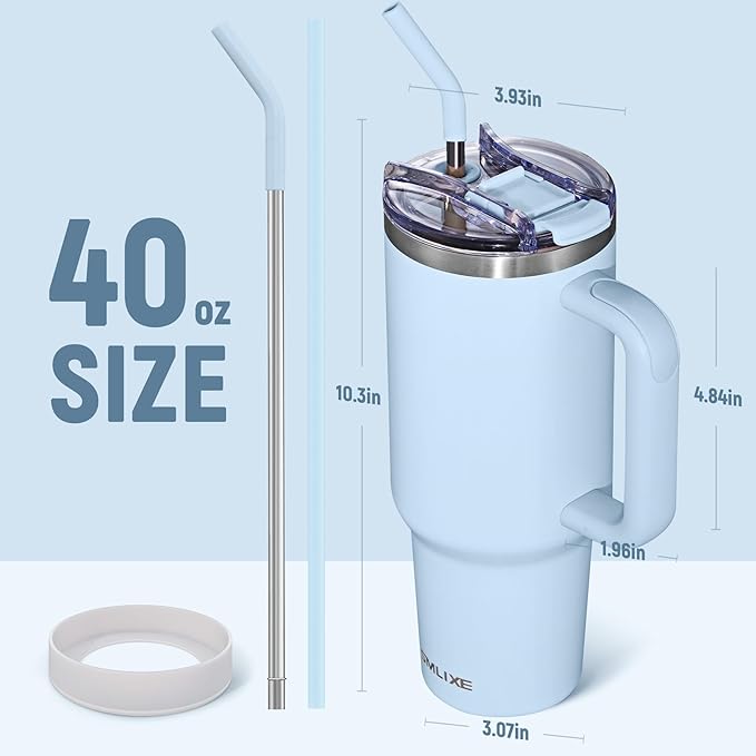 40 oz Tumbler with Handle and Straw Lid,Insulated Reusable Stainless Steel Water Bottle Travel Mug，Cupholder Friendly Double Wall Vacuum Sealed Cup (Sky Blue) - Bloomnest