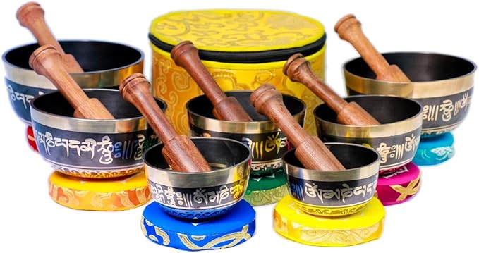 Chakra Healing Tibetan Singing Bowl Sets 7 Sets of Meditation Bowls From Nepal (Black painted) Bloomnest
