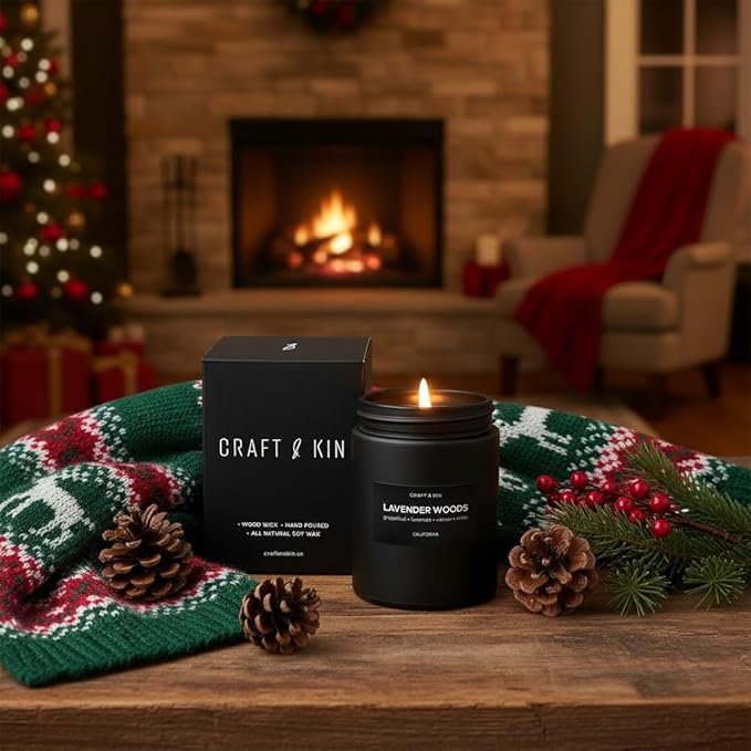 Craft & Kin Premium Lavender Woods Candle | Black Christmas Scented Candles for Men | Long Lasting with 45 Hour Burn Time, 7.6oz | Soy Holiday Candle | Aromatherapy at Home | Gifts for Men - Bloomnest