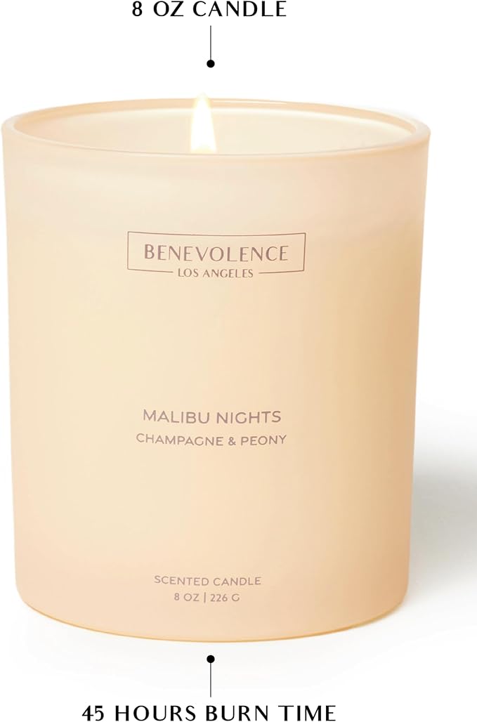 Champagne & Peony – Benevolence LA Scented Candle | 8oz, 45-Hour Burn | Natural Soy Wax, Cotton Wick | Romantic & Elegant Home Fragrance | Malibu Sands Collection – Gift for Women & Men - Bloomnest