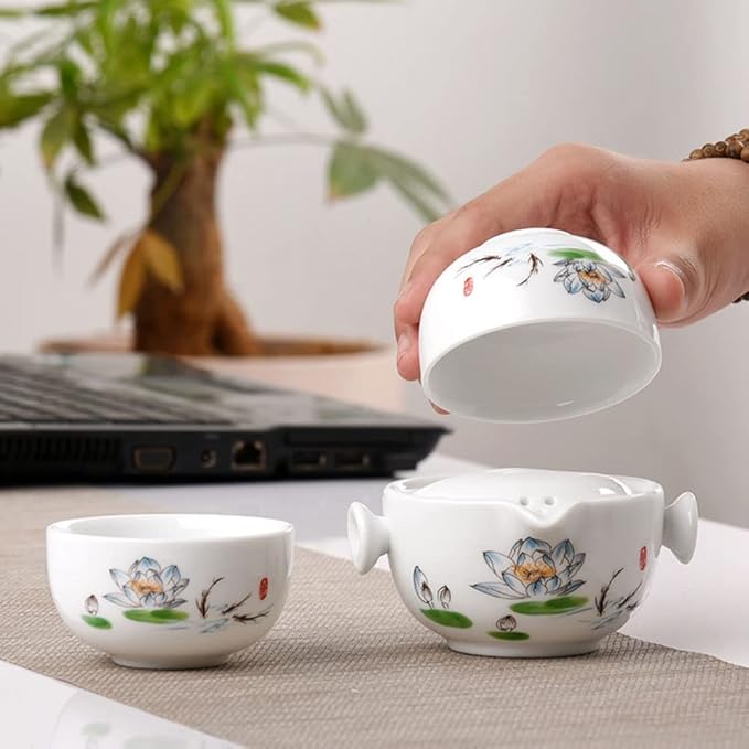 Convenient Teapot Cup Porcelain Teacup White Glazed Travel tea set (Colorful lotus set) - Bloomnest