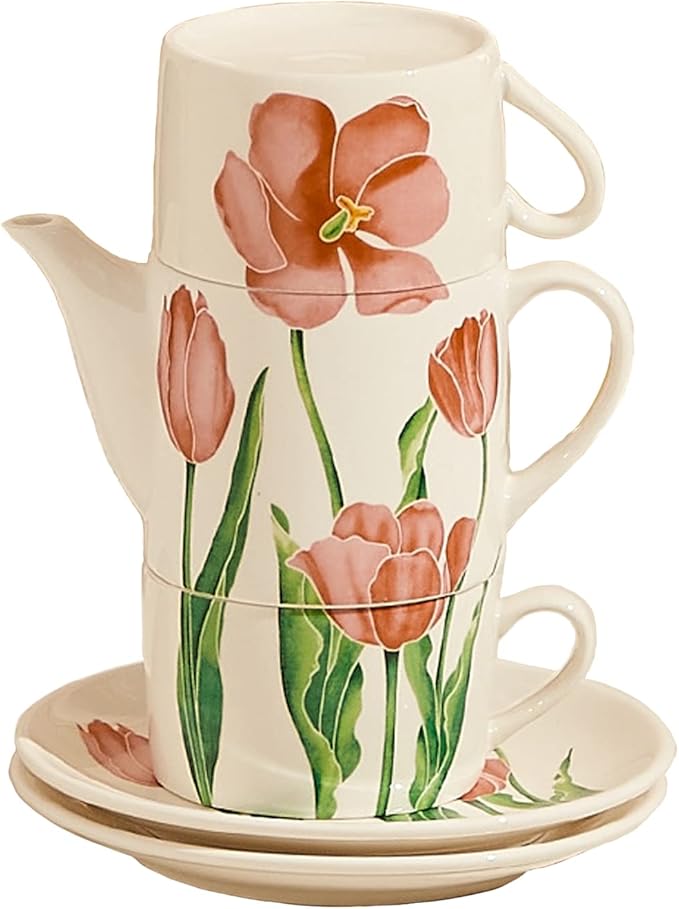 Ceramic Tea Set for Two, 13.6oz Teapot with Infuser, Stacked Kettle Two Cup and Saucer with Handpainted Flower Pattern, Office Home Gift for Women and Adults, Style 4 - Bloomnest