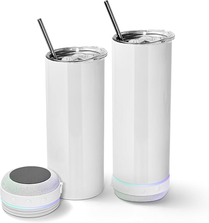 AGH 2 Pack Music Speaker & Tumbler with Straw, Lid & LED, 20oz Stainless Steel, DIY Gifts (White) - Bloomnest