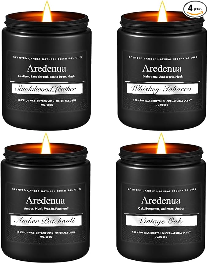 Mens Candle Set – Manly Candles for Men, 4 Pack Soy Candles for Home Scented, Masculine Candle Gift Set - Includes Sandalwood Leather, Whiskey Tobacco, Amber Patchouli & Vintage Oak - Bloomnest