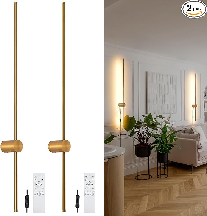 Dimmable Plug in Wall Sconce Set of 2, Gold 39.37" LED Wall Light with Remote, Adjustable Color Temperature Brightness Wall lamp with Timer for Living Room,Bedroom and Accent Lighting - Bloomnest