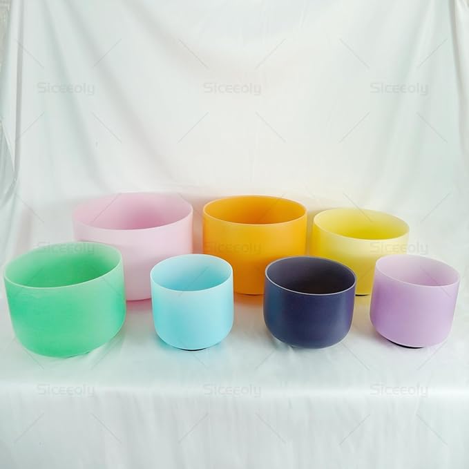 7-12 inch 432HZ Candy Color Crystal Singing Bowls Chakra Set of 7 Meditation Bowl Frosted Healing Quartz Sound Singing Bowls with 2 Travel Carry Case Bag 2 Mallet Suede 2 Strikers 7 O-rings - Bloomnest