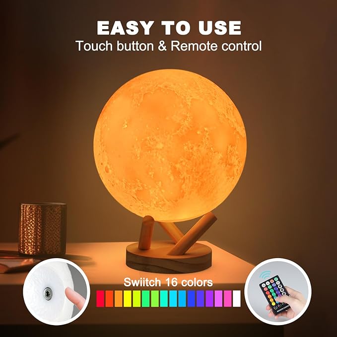 Moon Lamp, 6 Inch Sliding Control Moon Light, Kids Night Light, 16 Colors Moon Night Light with Unique Stand, Timing, USB Rechargeable, Room Decor, Christmas Birthday Gifts for Kid Women Friends Lover - Bloomnest
