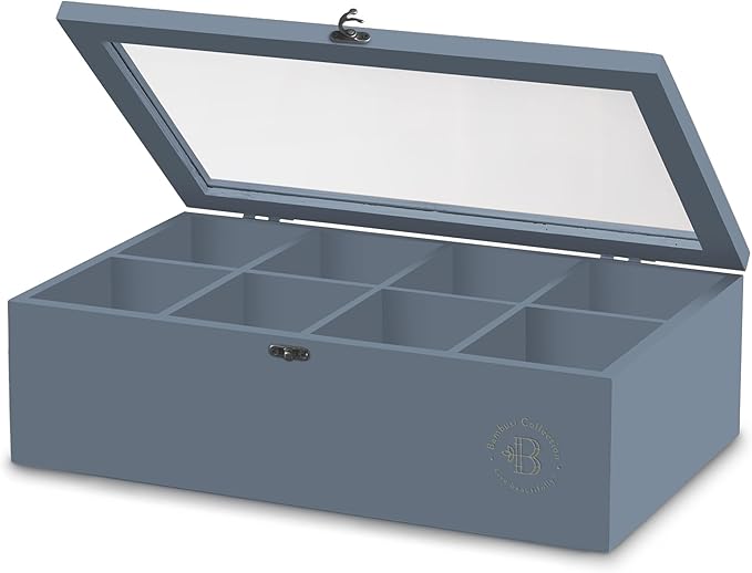 Tea Bag Organizer - Grey Bamboo Tea Box Organizer Storage Box, Tea Bag Holder with Acrylic Window, Magnetic Lid Keeps Tea Bags Fresh - Tea Organizer Caddy (Tea Not Included) Christmas Gift - Gray - Bloomnest