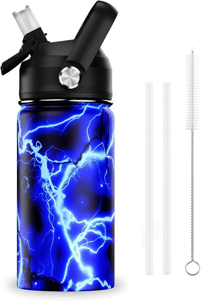 14oz Kids Insulated Water Bottle with Straw Lid - 18/8 Stainless Steel Kid Cup Travel Tumbler Double Wall Vacuum Leak Proof Portable Toddler Water Bottle (Lightning） - Bloomnest