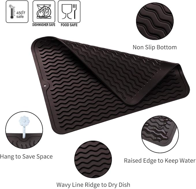 Silicone Dish Drying Mat for Multiple Usage,Easy clean,Eco-friendly,Heat-resistant Silicone Mat for Kitchen Counter or Sink,Refrigerator or drawer liner Coffee L 16 inches x 12 inches - Bloomnest